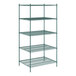 A Regency green metal wire shelving unit with five shelves.