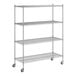 A wireframe of a chrome Regency mobile wire shelving unit with 4 shelves and wheels.