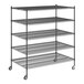 A Regency black wire shelving starter kit with wheels and four shelves.