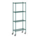 A green Regency wire shelving unit with wheels.