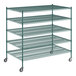 A Regency green wire shelving unit with 5 shelves and wheels.