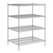 A wireframe of a Regency chrome stationary wire shelving unit with three shelves.