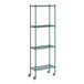 A Regency green wire shelving unit with wheels.