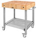 A John Boos maple kitchen cart with a wooden cutting board on metal legs.