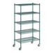 A green Regency wire shelving unit on wheels with 5 shelves.