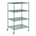 A green wire shelving unit with wheels.