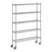 A white wireframe of a Regency chrome mobile shelving unit with wheels.