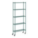 A Regency green wire shelving unit on wheels with five shelves.