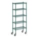 A Regency green wire shelving unit with five shelves and wheels.