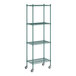 A Regency green wire shelving unit on wheels with shelves.