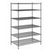 A black metal Regency stationary wire shelving unit with six shelves.