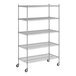 A white wireframe of a Regency chrome wire shelving unit with four shelves.