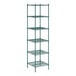 A green metal Regency wire shelving unit with six shelves.