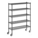 A white background with a black wireframe Regency mobile wire shelving unit with wheels.