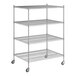 A wireframe of a Regency chrome mobile wire shelving unit with four shelves and wheels.