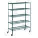 A green metal wire shelving unit with 5 shelves.