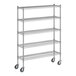 A Regency chrome mobile wire shelving unit with 5 shelves and wheels.