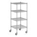 A Regency chrome wire shelving starter kit with wheels and four shelves.