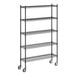 A Regency black wire shelving unit on wheels with 5 shelves.