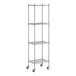 A Regency chrome mobile wire shelving unit with 4 shelves and wheels.