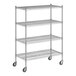 A Regency chrome wire shelving unit with wheels.