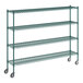 A green metal Regency wire shelving unit with four wheels.