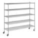 A Regency chrome mobile wire shelving unit with five shelves and wheels.