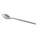 An Acopa Odin stainless steel demitasse spoon with a brushed silver handle on a white background.