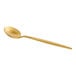 An Acopa Odin gold stainless steel demitasse spoon with a long handle.
