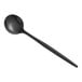 An Acopa Odin brushed stainless steel demitasse spoon with a long black handle.