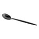 An Acopa Odin black stainless steel demitasse spoon with a long handle.