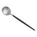 An Acopa Odin stainless steel bouillon spoon with a black handle and silver bowl.