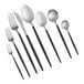 A group of Acopa Odin stainless steel bouillon spoons with black handles.