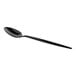 An Acopa Odin stainless steel dinner spoon with a black handle.