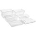A group of clear plastic Vigor food storage containers with lids.