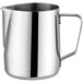 A silver Estella Caffe stainless steel frothing pitcher with a handle.