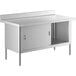 A Steelton stainless steel work table with sliding doors on an enclosed base.