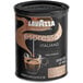 A can of Lavazza Espresso Italiano ground coffee with a black lid and a picture of a cup on it.