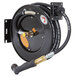 A black Equip by T&S hose reel with a hose attached.