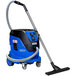 A blue and black Nilfisk wet/dry vacuum with a hose attached.