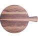 An Acopa walnut faux wood melamine serving board with a handle.