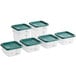 A group of six white square plastic containers with green lids.