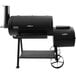 A black Old Country BBQ Pits Brazos offset smoker on a black metal stand.