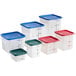 A group of Vigor white plastic containers with multicolored lids.