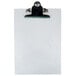 A Menu Solutions Alumitique clipboard with a metal clip holding a white paper.