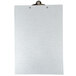 A Menu Solutions Alumitique clipboard with a metal clip holding a paper on a white surface.