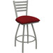 A Holland Bar Stool ladderback swivel counter stool with a Graph Ruby cushion and an Anodized Nickel frame.