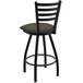 A black Holland Bar Stool ladderback swivel bar stool with a brown cushion with a chalice design.