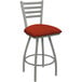 A Holland Bar Stool ladderback counter stool with a red and grey poppy cushion.