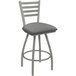 A Holland Bar Stool Jackie Ladderback bar stool with a gray cushion and anodized nickel finish.